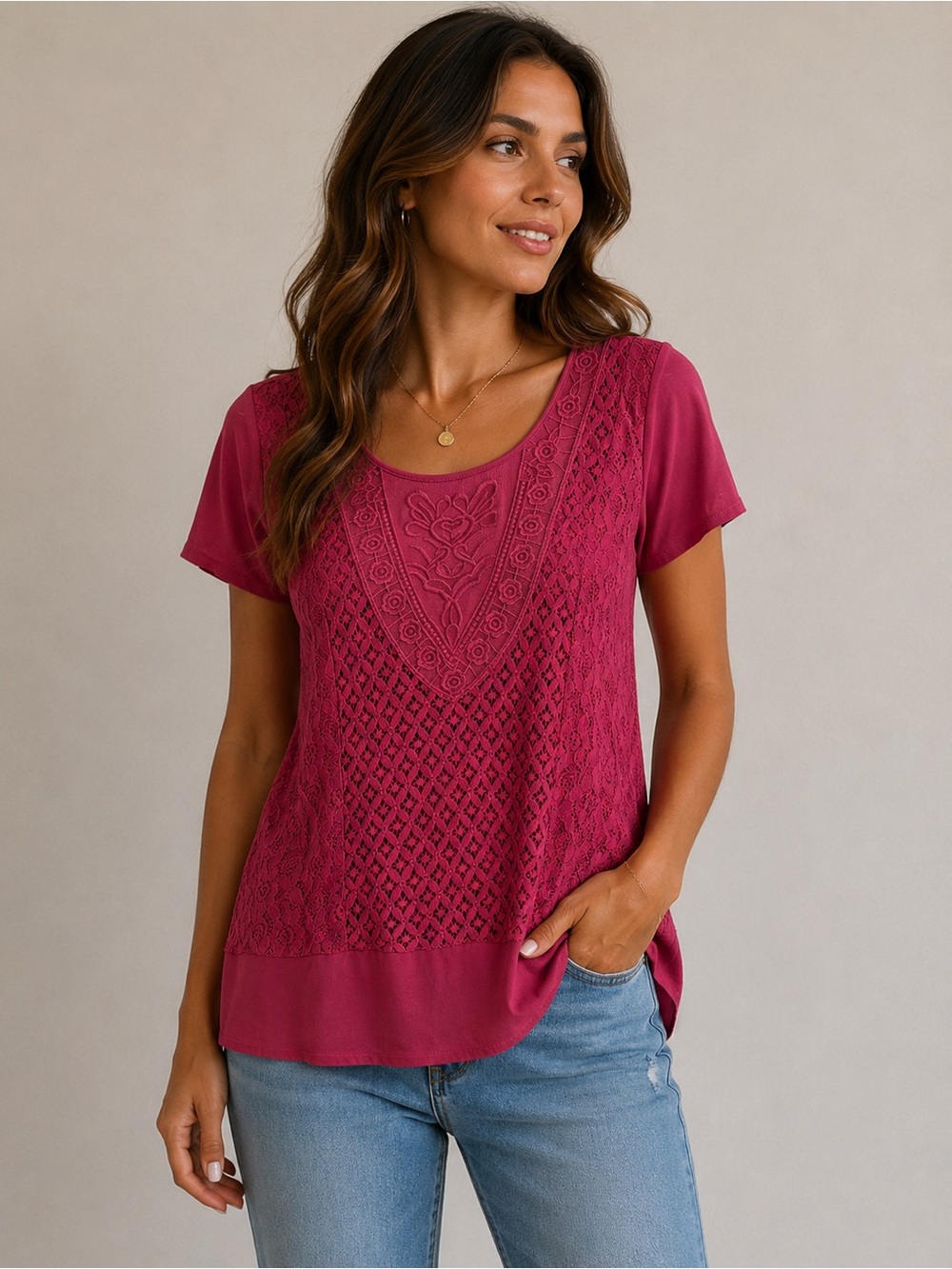 Ricki's Raspberry Lace Front Short Sleeve Top